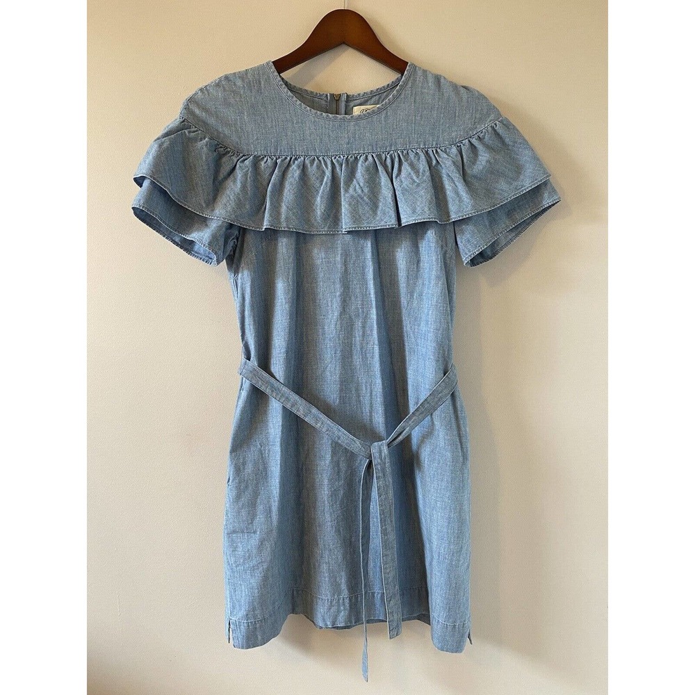 J. Crew Edie‎ Chambray Ruffle Midi Size 2 Light Wash Belted Ruffle Pockets Dress